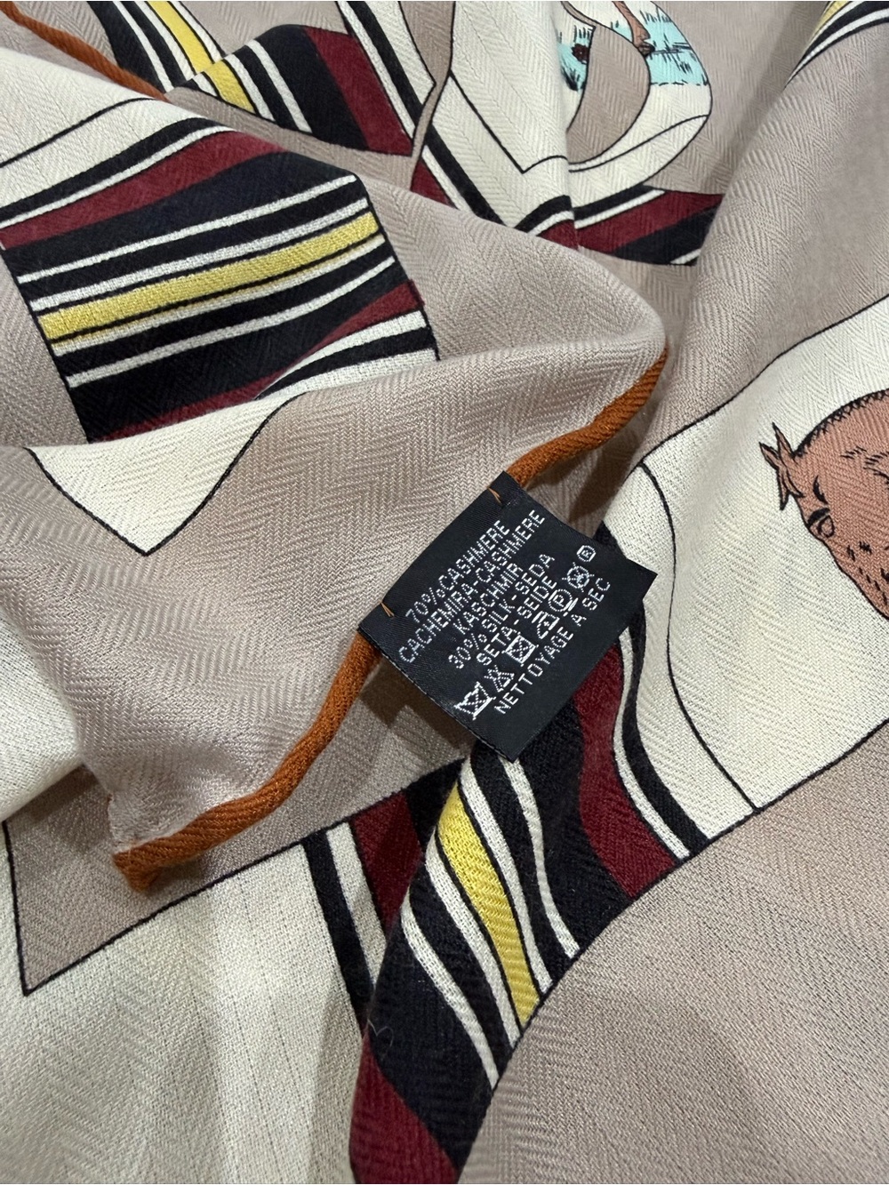 Neutral Beige Printed Silk & Cashmere Scarf with Equestrian Motif - Picture 11 of 14